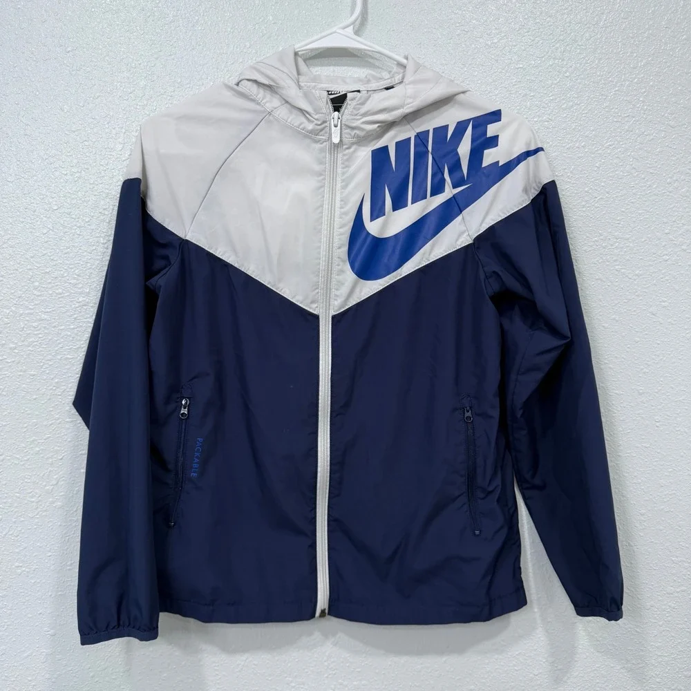 Nike Kids Windrunner Packable Windbreaker Jacket Navy White Blue Size Medium